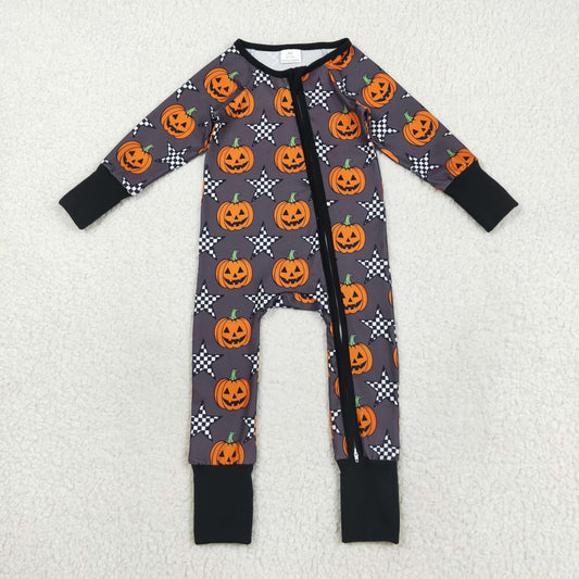 LR2464 Baby Boys Long Sleeves Plaid Stars Pumpkins Zipper Pant Rompers D 821