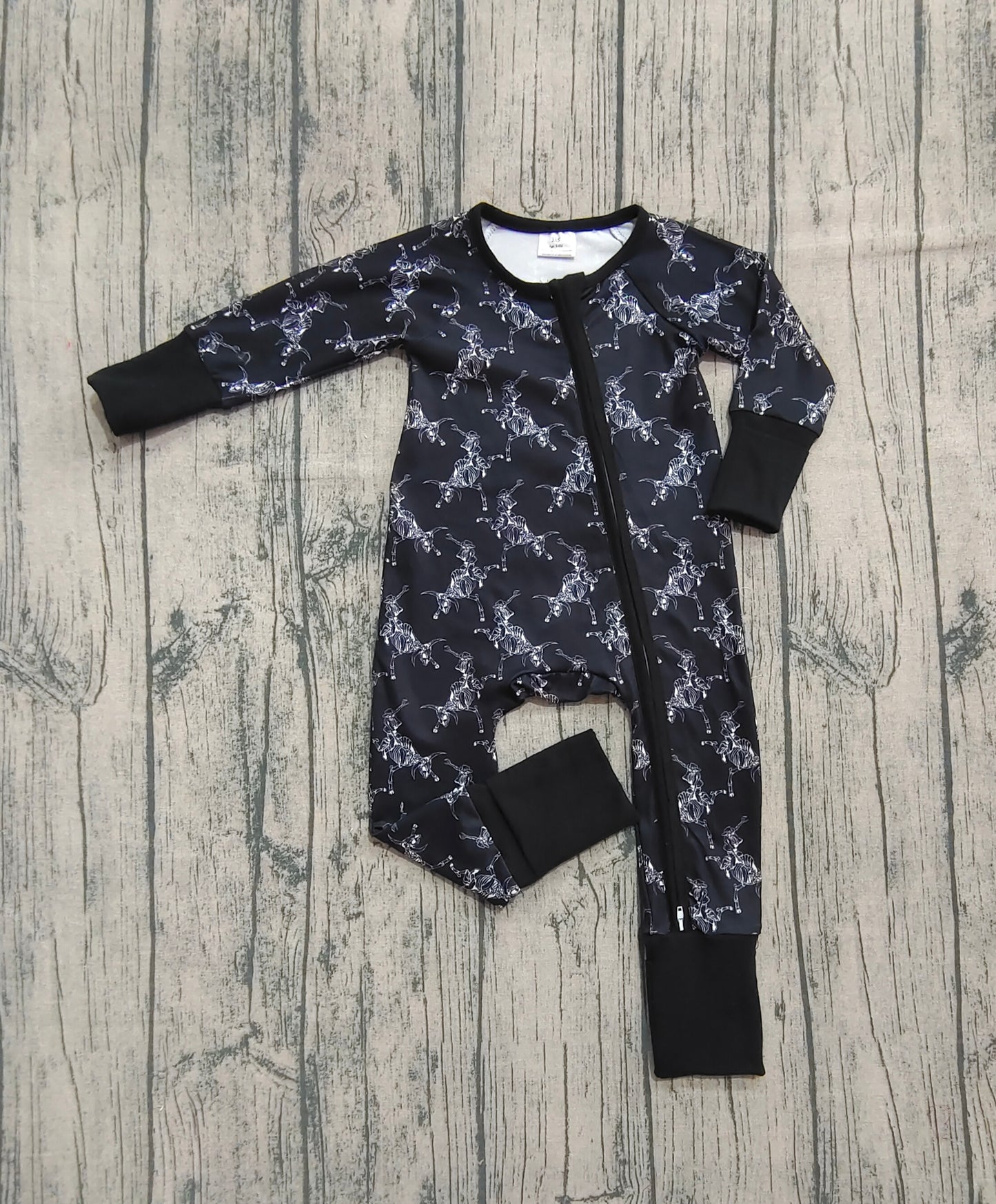 LR2466 Baby Boys Long Sleeves Black Horse Rodeos Zipper Pant Rompers D 822