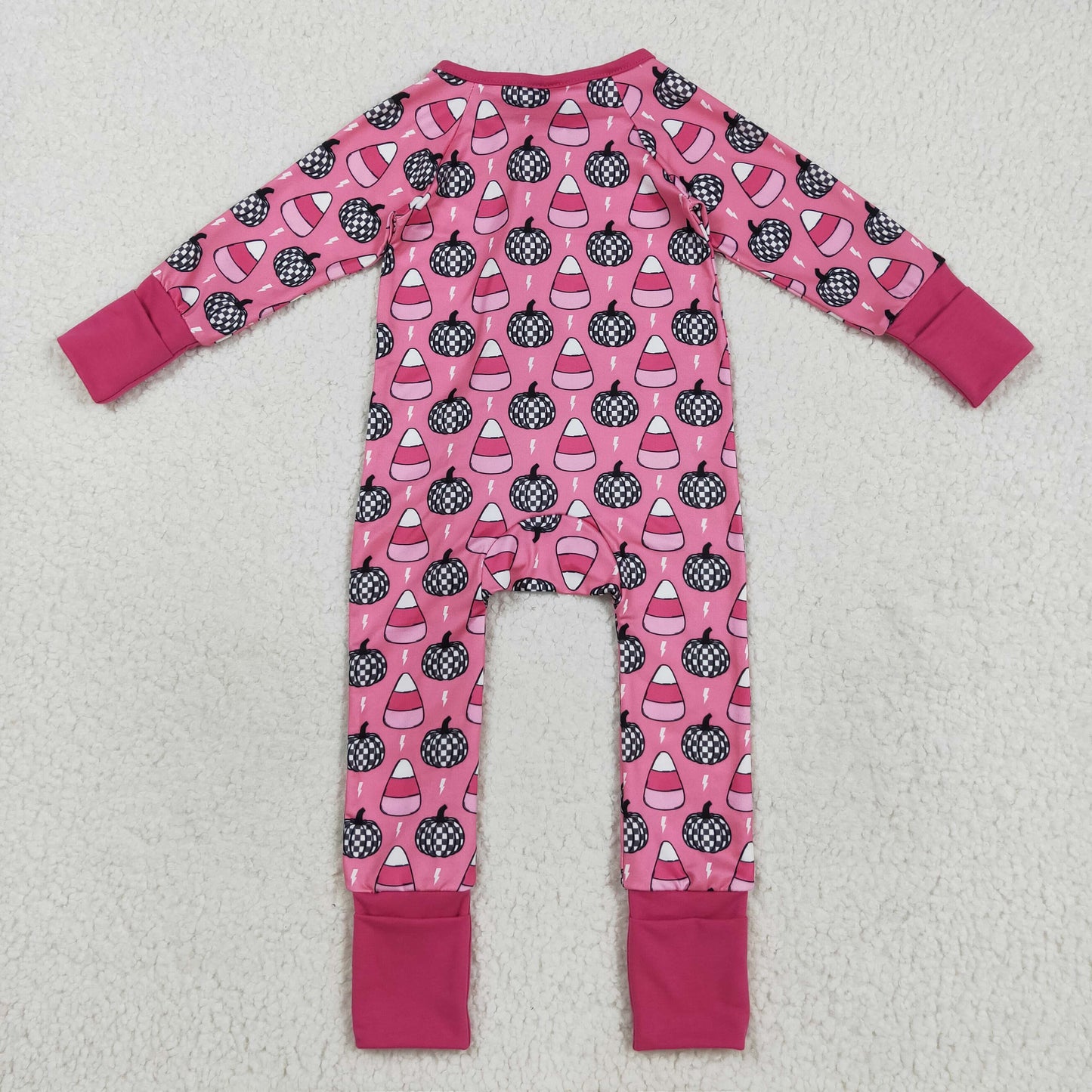 LR2467 Baby Girls Long Sleeves Plaid Pumpkins Candy Zipper Pant Rompers  D 821