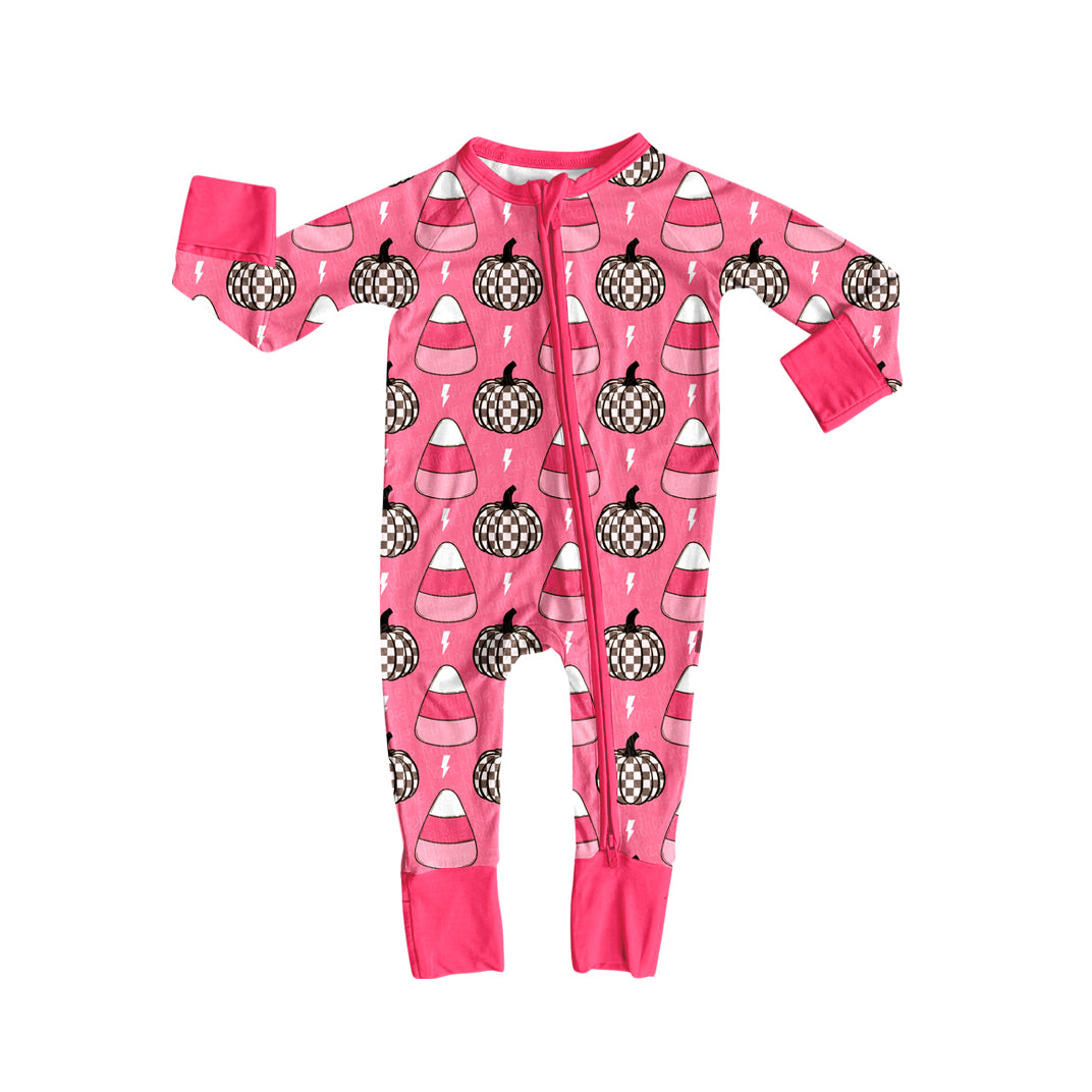 LR2467 Baby Girls Long Sleeves Plaid Pumpkins Candy Zipper Pant Rompers  D 821