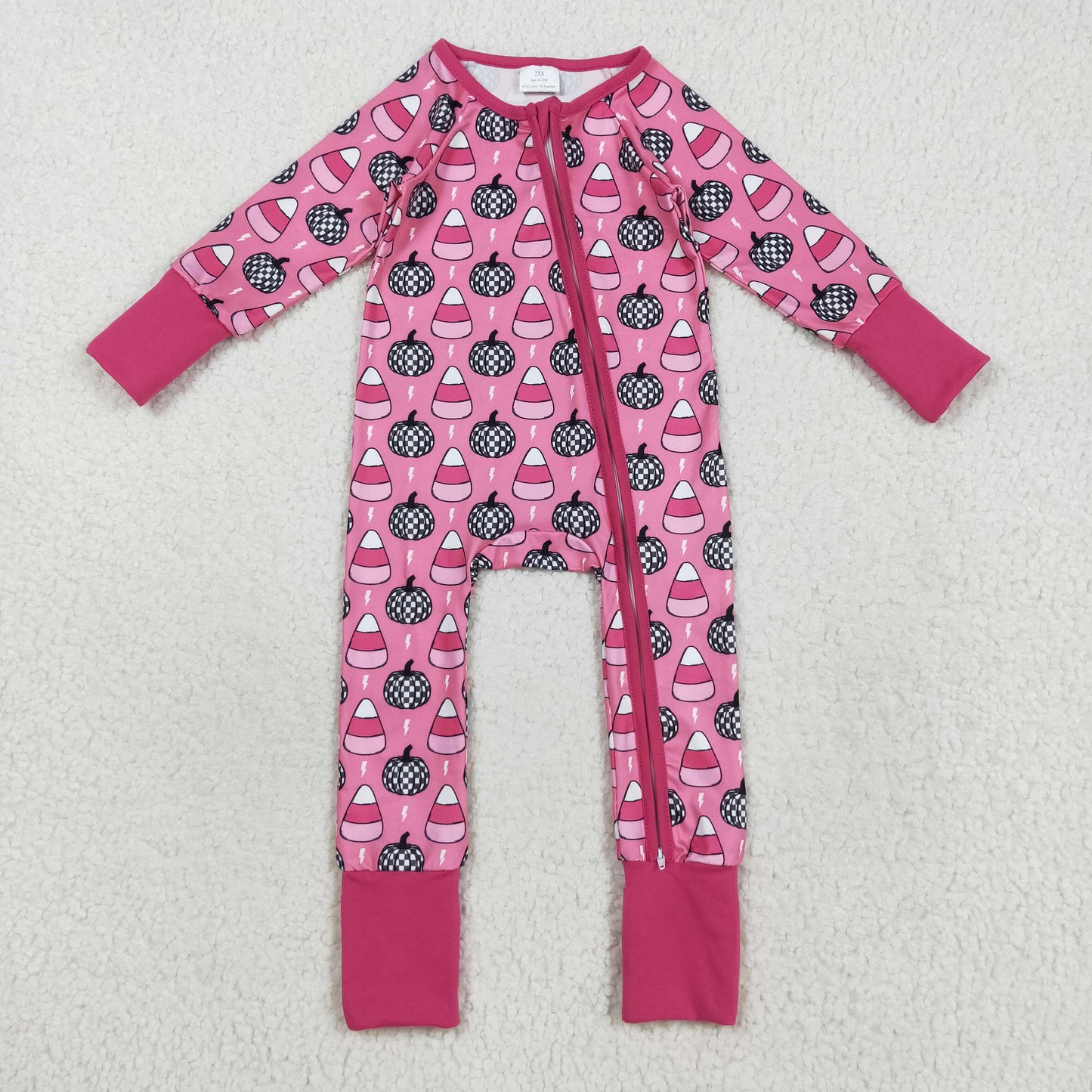 LR2467 Baby Girls Long Sleeves Plaid Pumpkins Candy Zipper Pant Rompers  D 821