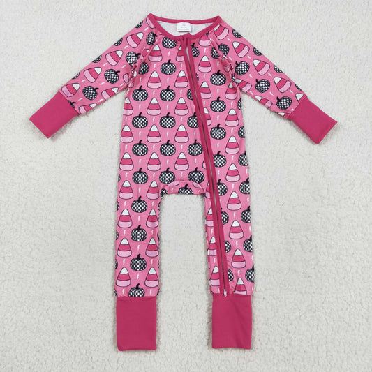 LR2467 Baby Girls Long Sleeves Plaid Pumpkins Candy Zipper Pant Rompers D 821