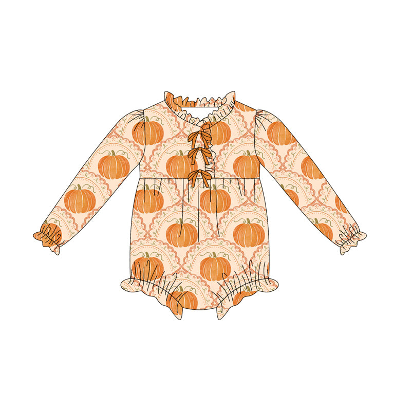presale LR2469 Baby Girls Long Sleeves Pumpkins Plaid Ruffle Rompers    D 7.18