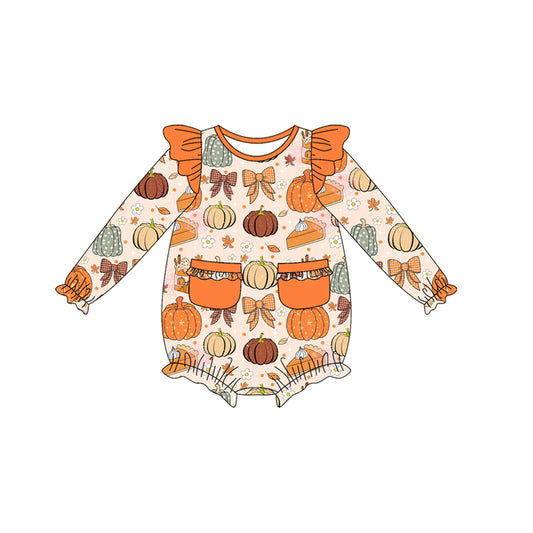 presale LR2470 Baby Girls Long Sleeves Pumpkins Bows Pockets Ruffle Rompers D 7.18