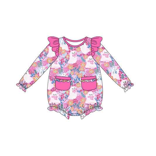 presale LR2471 Baby Girls Long Sleeves Ghosts Floral Pockets Ruffle Rompers D 7.18