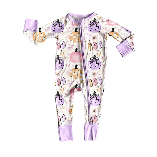 presale LR2474 Baby Girls Long Sleeves Ghosts Pumpkins Plaid Zipper Pant Rompers D 7.18