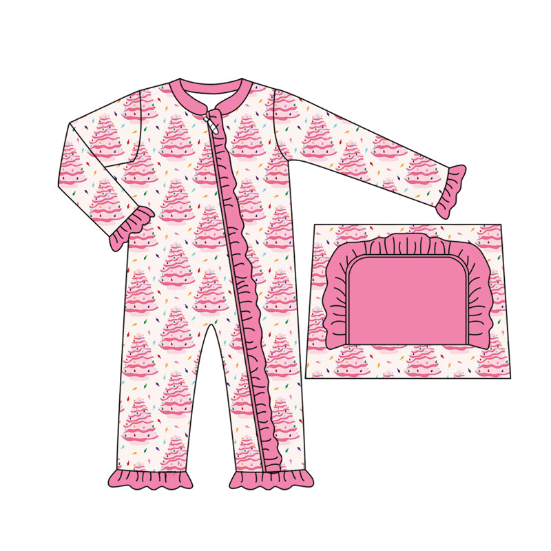 presale LR2475  Baby Girls Long Sleeves Pink Christmas Trees Plaid Ruffle Zipper Pant Rompers  D 7.18