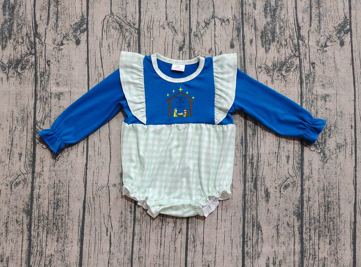 LR2477  Baby Girls Long Ruffle Sleeves Nativity Christmas Rompers  D 925