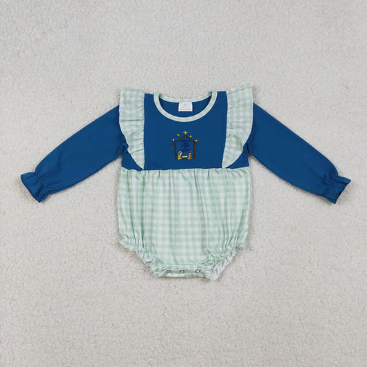 LR2477  Baby Girls Long Ruffle Sleeves Nativity Christmas Rompers  D 925