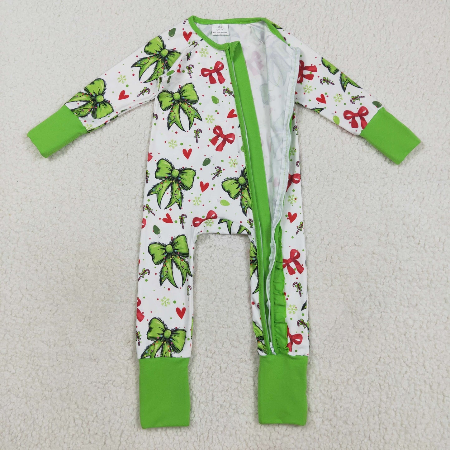 LR2482  Baby Girls Christmas Green Red Bows Hearts Ruffle Zipper Rompers  D 7.17