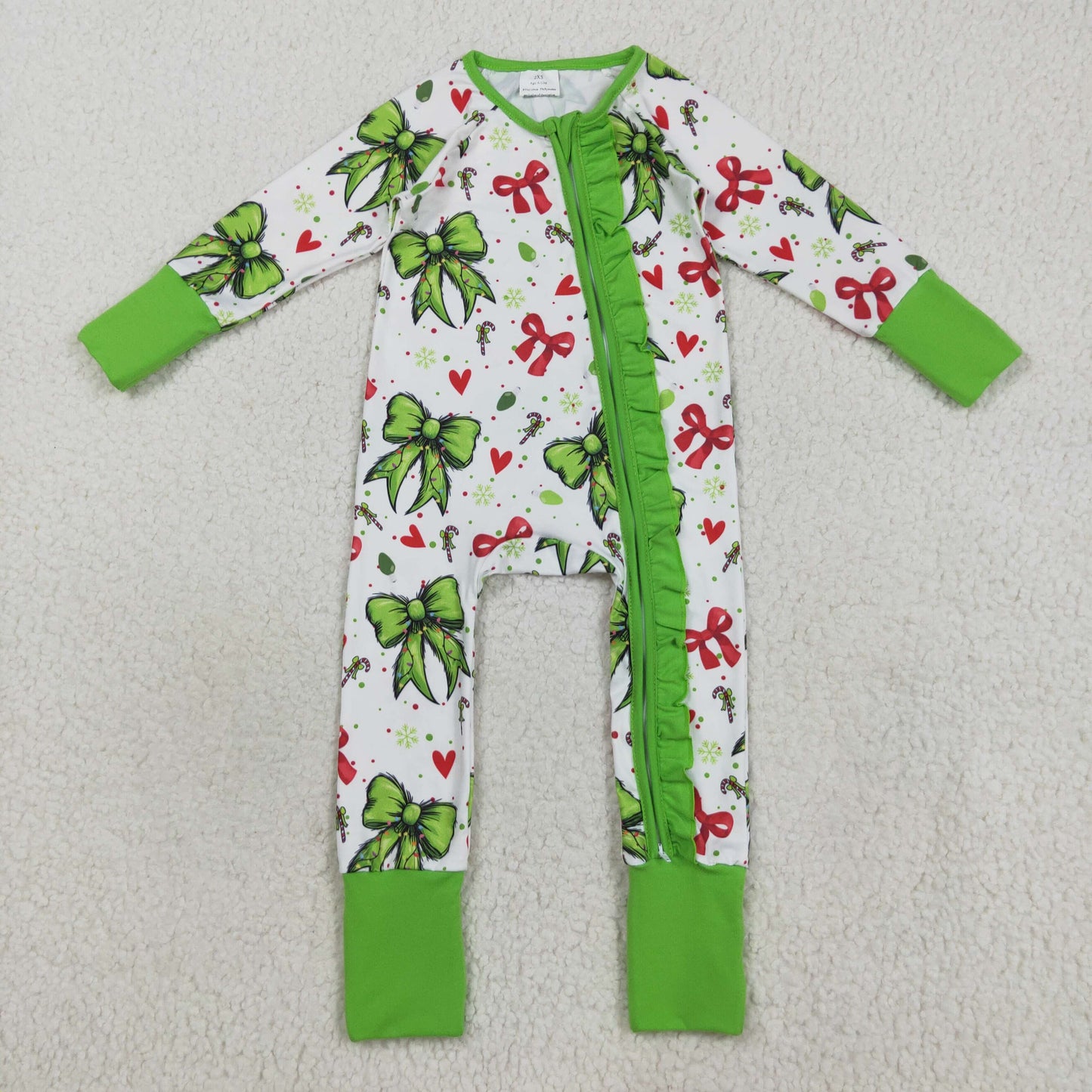LR2482  Baby Girls Christmas Green Red Bows Hearts Ruffle Zipper Rompers  D 7.17