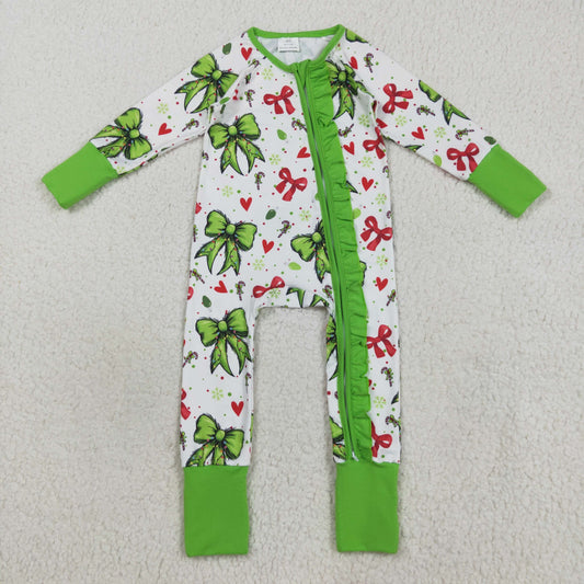 LR2482 Baby Girls Christmas Green Red Bows Hearts Ruffle Zipper Rompers D 7.17