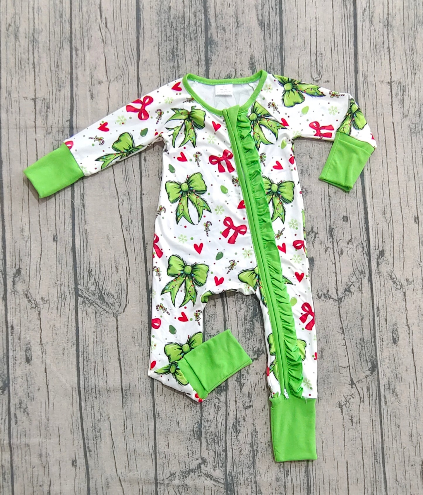 LR2482  Baby Girls Christmas Green Red Bows Hearts Ruffle Zipper Rompers  D 7.17
