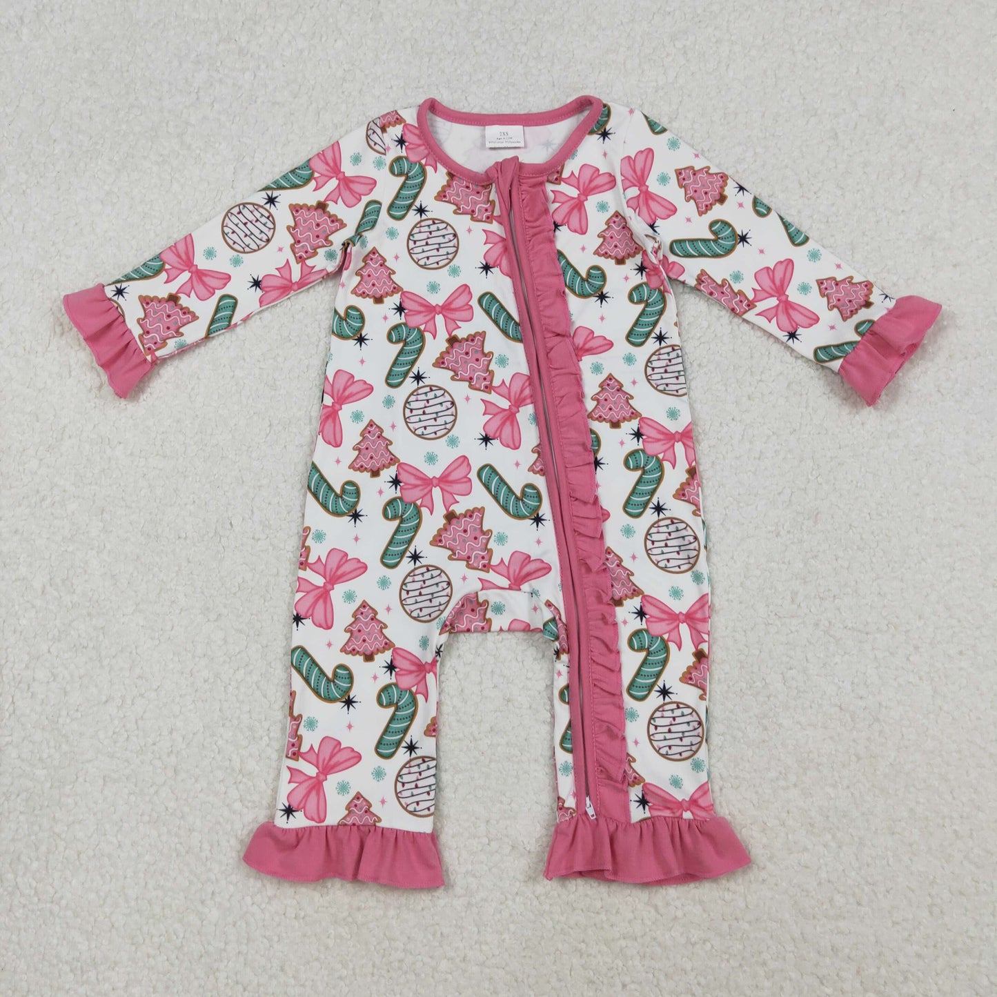LR2486 Baby Girls Long Sleeves Christmas Trees Candy Cane Ruffle Zipper Rompers  D 1023