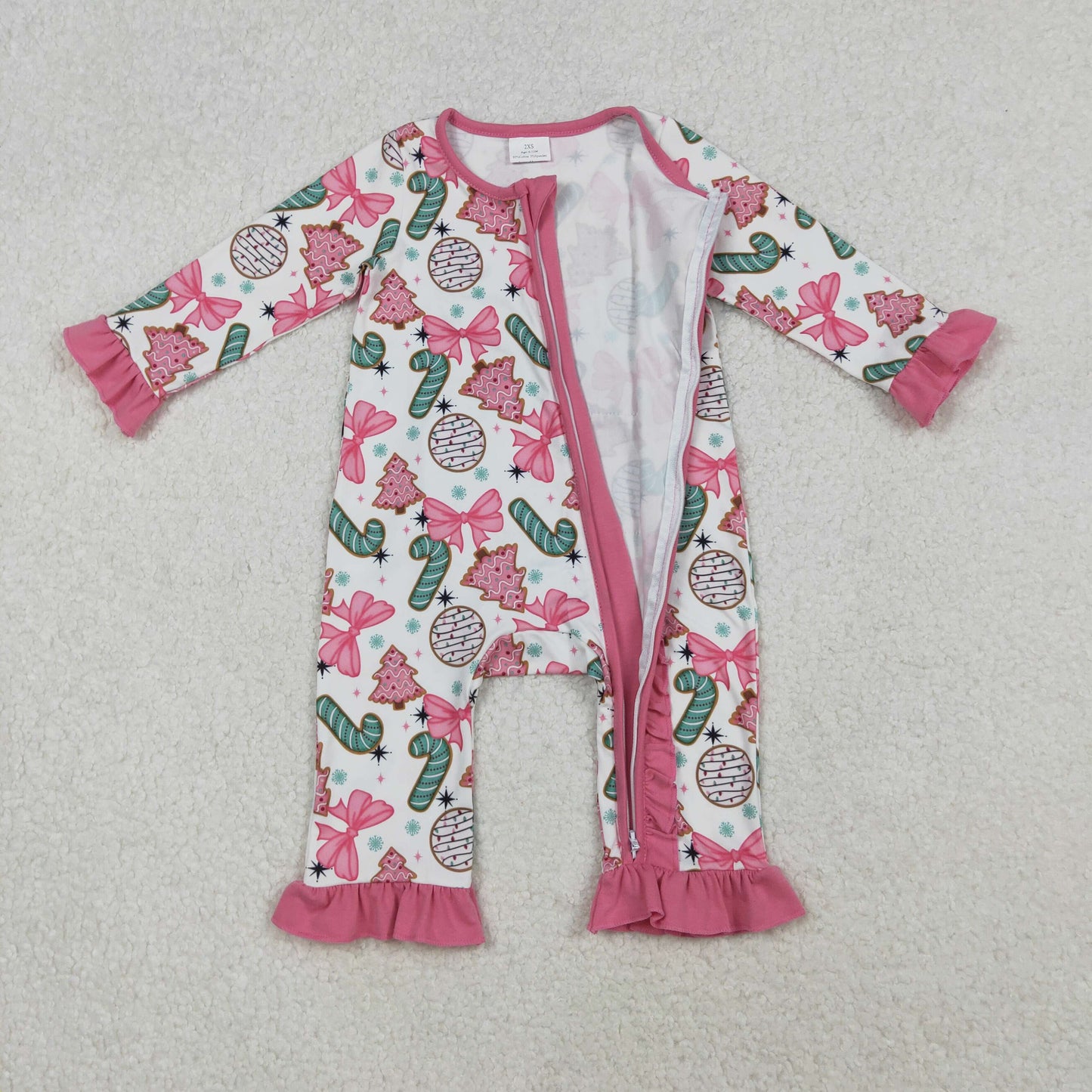 LR2486 Baby Girls Long Sleeves Christmas Trees Candy Cane Ruffle Zipper Rompers  D 1023