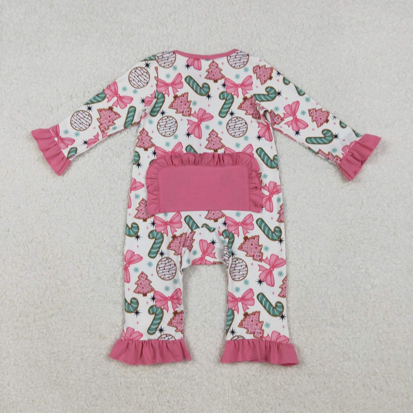 LR2486 Baby Girls Long Sleeves Christmas Trees Candy Cane Ruffle Zipper Rompers  D 1023
