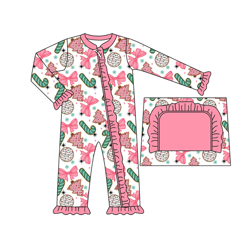 LR2486 Baby Girls Long Sleeves Christmas Trees Candy Cane Ruffle Zipper Rompers  D 1023