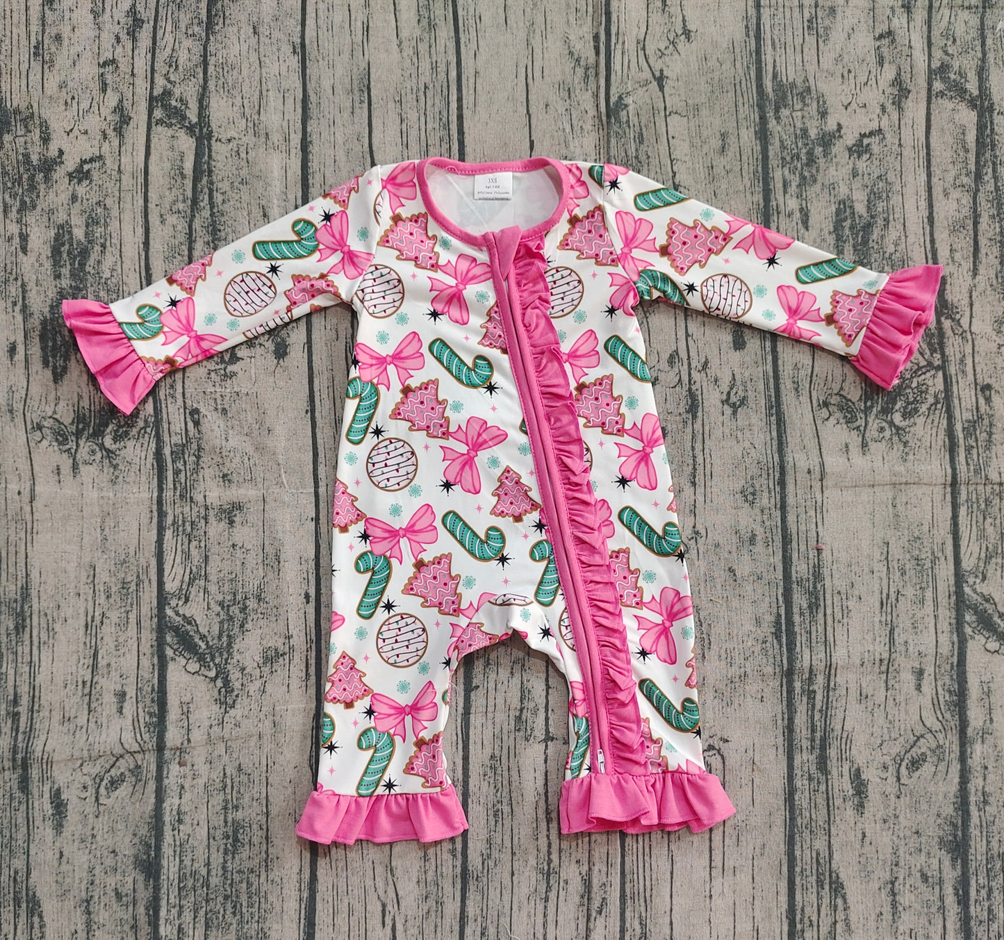 LR2486 Baby Girls Long Sleeves Christmas Trees Candy Cane Ruffle Zipper Rompers  D 1023
