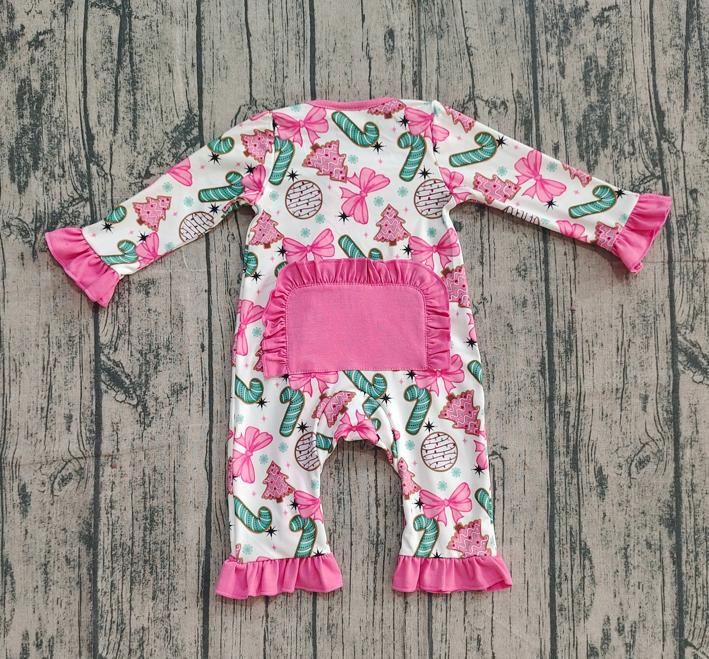 LR2486 Baby Girls Long Sleeves Christmas Trees Candy Cane Ruffle Zipper Rompers  D 1023