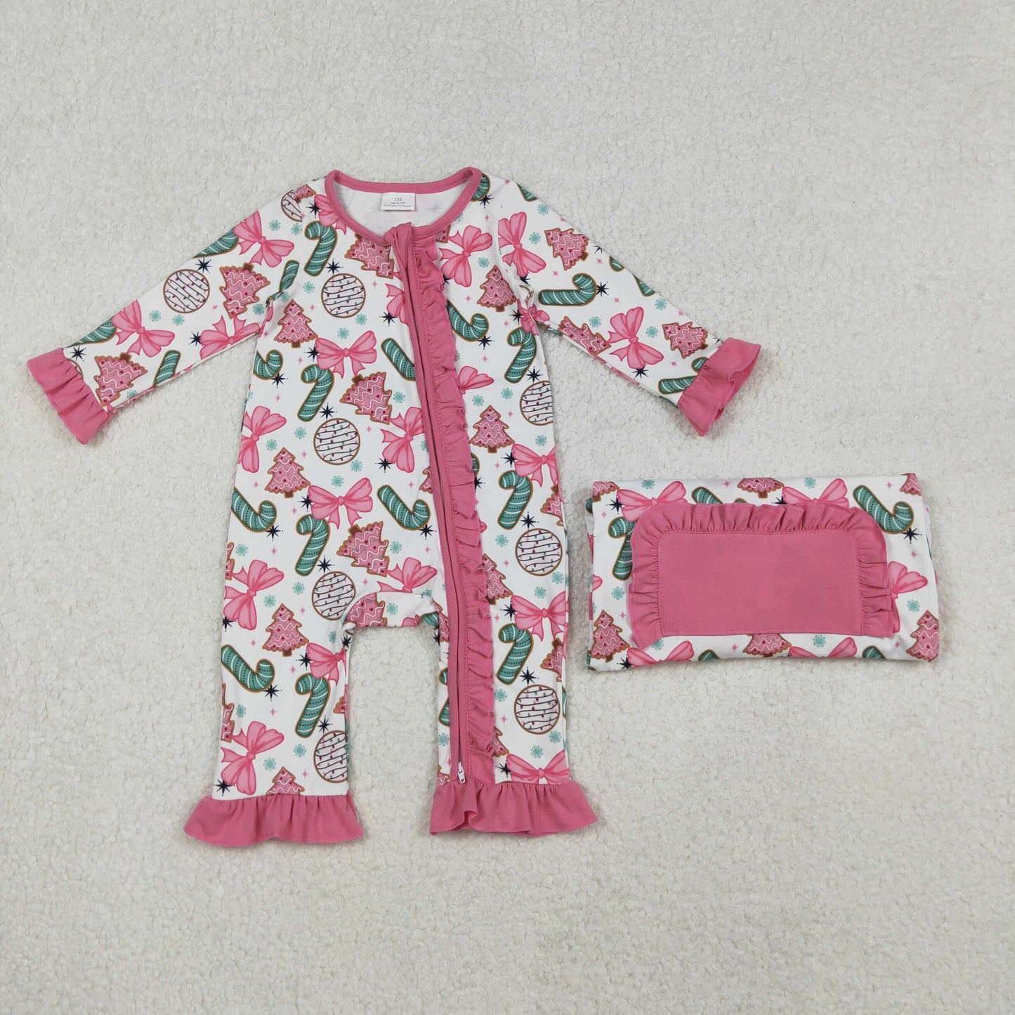 LR2486 Baby Girls Long Sleeves Christmas Trees Candy Cane Ruffle Zipper Rompers  D 1023
