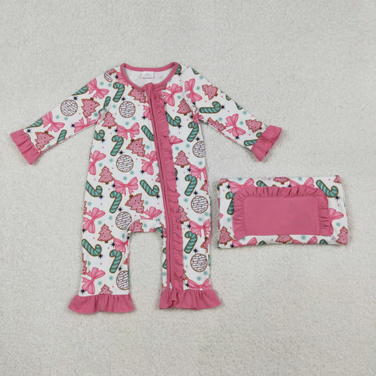 LR2486 Baby Girls Long Sleeves Christmas Trees Candy Cane Ruffle Zipper Rompers  D 1023