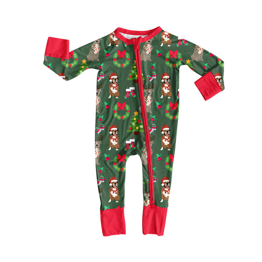 presale LR2487 Baby Boys Long Sleeves Christmas Hats Dogs Holly Zipper Rompers D 7.18