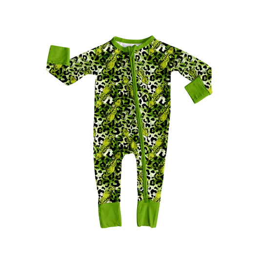 presale LR2488 Baby Boys Long Sleeves Christmas Green Face Leopard Zipper Rompers D 7.18