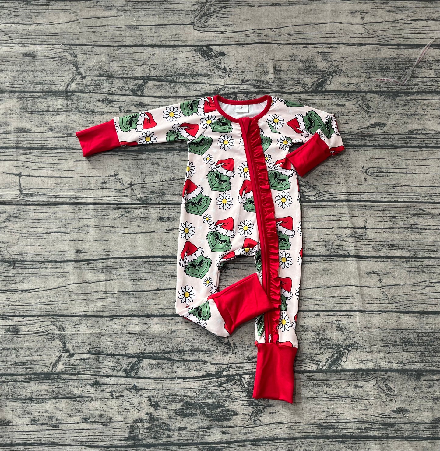 LR2489 Baby Girls Green Face Flowers Ruffle Zipper Christmas Rompers D 829