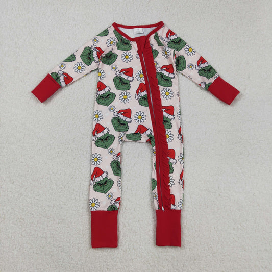LR2489 Baby Girls Green Face Flowers Ruffle Zipper Christmas Rompers D 829