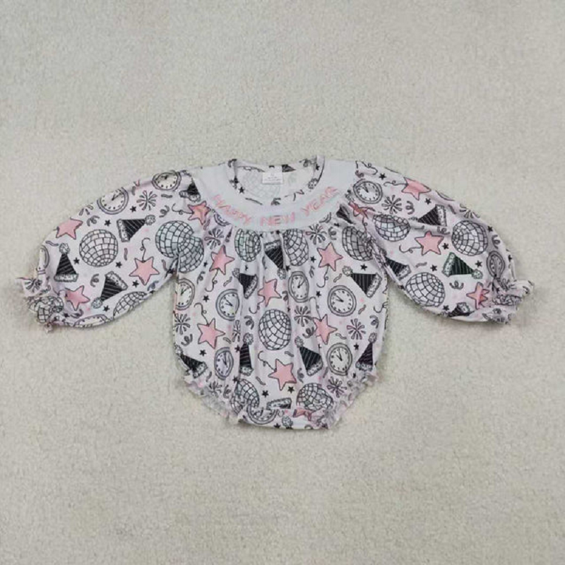 Sibling Embroidery Happy New Year Baby Girls Knee Length Dresses Ruffle Rompers  D 1022