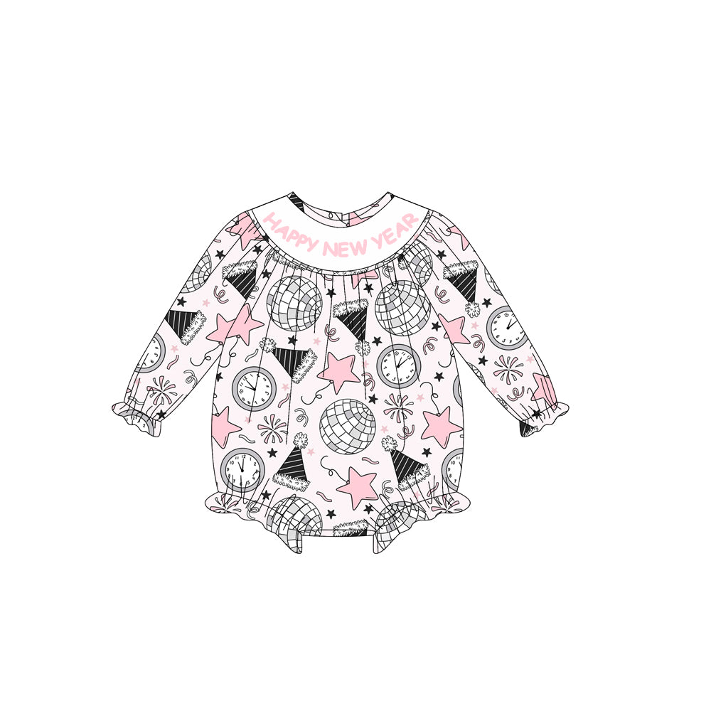 LR2493 Embroidery Happy New Year Baby Girls Stars Firework Ruffle Rompers  D 910