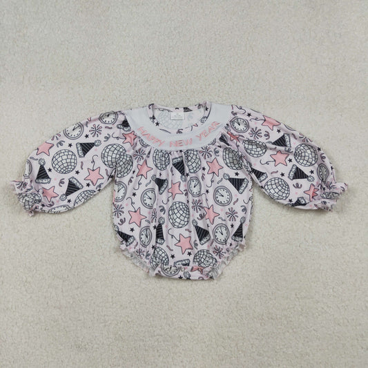 LR2493 Embroidery Happy New Year Baby Girls Stars Firework Ruffle Rompers  D 910