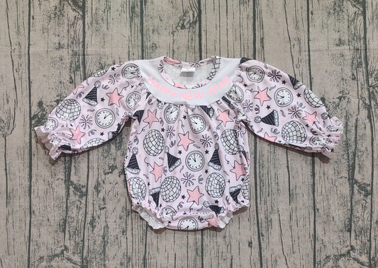 presale LR2493 Baby Girls Long Sleeves Happy New Year Ruffle Rompers  D 910
