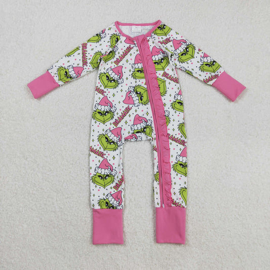 LR2495 Baby Girls Long Sleeves Green Faces Stars Plaid Ruffle Zipper Rompers  D 829