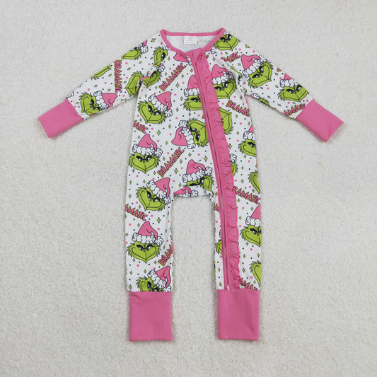 LR2495 Baby Girls Long Sleeves Green Faces Stars Plaid Ruffle Zipper Rompers  D 829