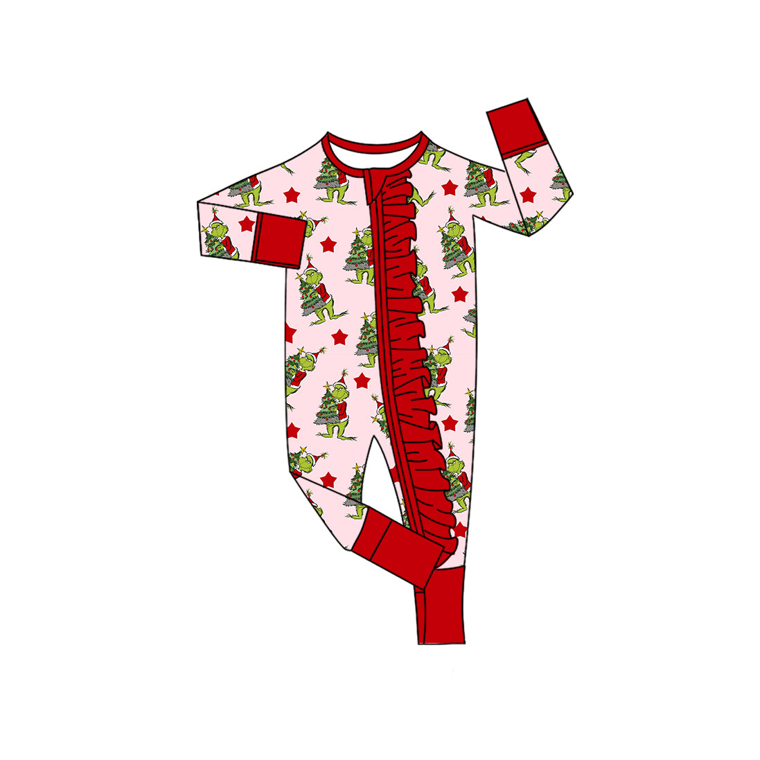 LR2496 Baby Girls Long Sleeves Green Faces Trees Plaid Ruffle Zipper Rompers  D 901