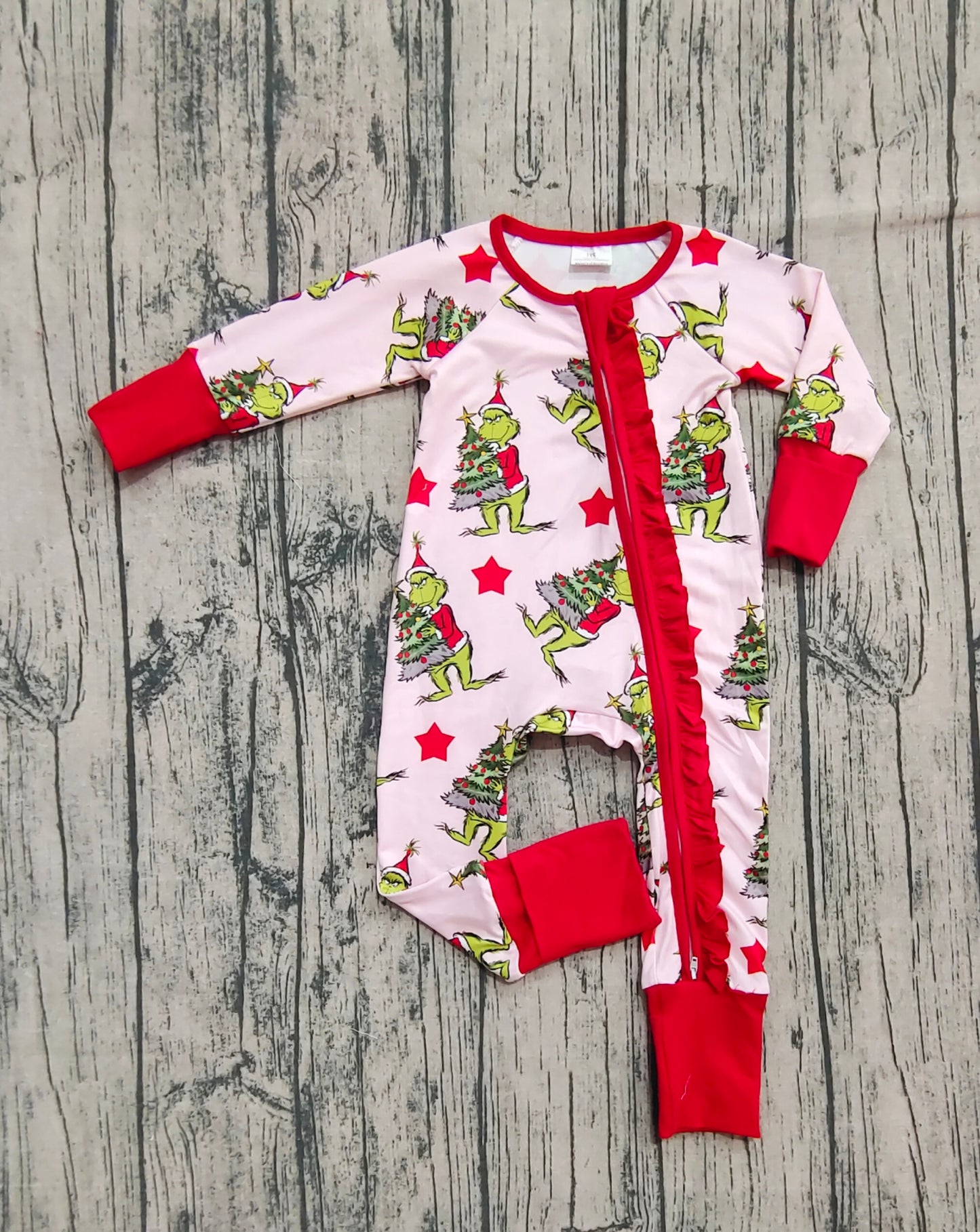 LR2496 Baby Girls Long Sleeves Green Faces Trees Plaid Ruffle Zipper Rompers  D 901