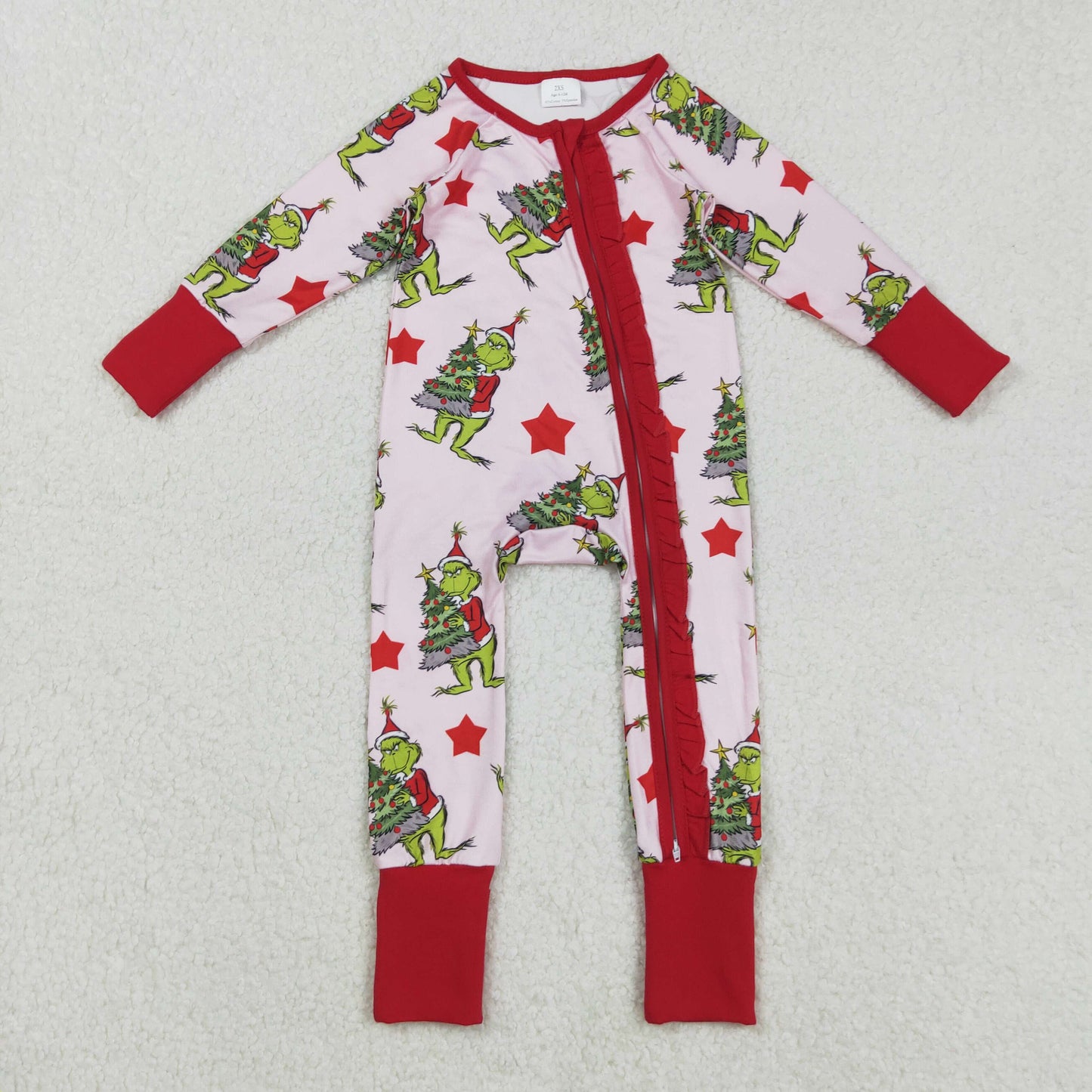 LR2496 Baby Girls Long Sleeves Green Faces Trees Plaid Ruffle Zipper Rompers  D 901