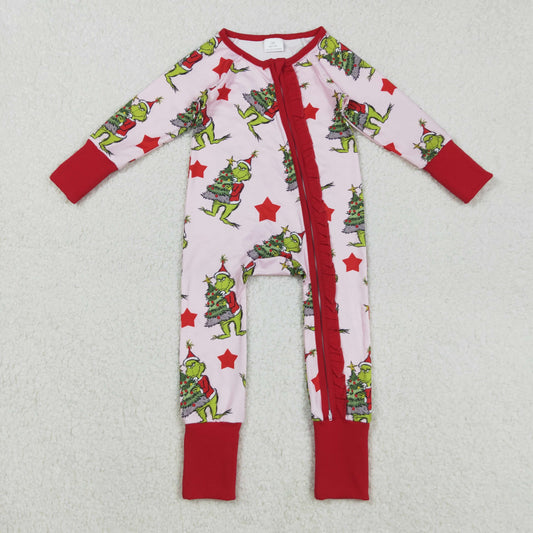 LR2496 Baby Girls Long Sleeves Green Faces Trees Plaid Ruffle Zipper Rompers  D 901