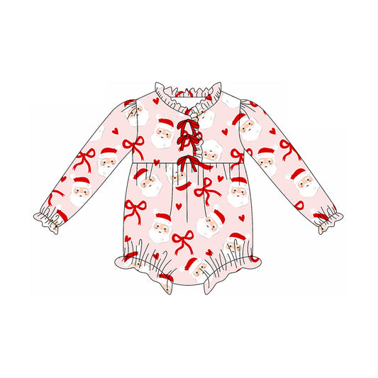 presale LR2497  Baby Girls Pink Long Sleeves Bows Santa Plaid Ruffle Rompers  D 7.19
