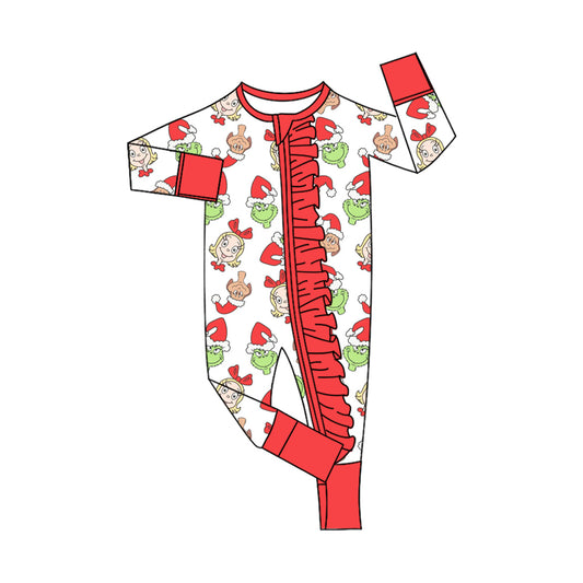 presale LR2503  Baby Girls Christmas Green Face Plaid Ruffle Zipper Footie Rompers D 7.22