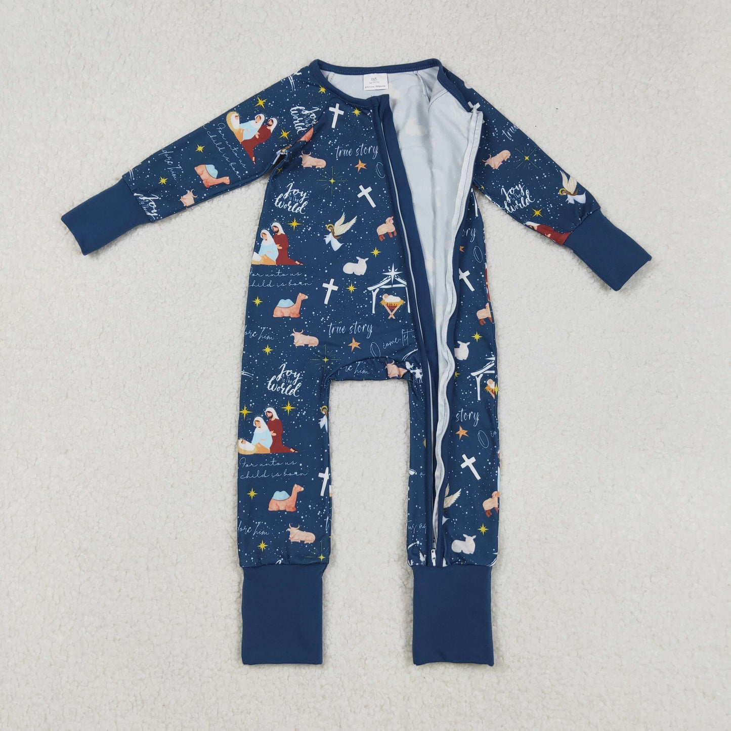LR2504 Baby Boys Hot Blue Nativity Christmas Zipper Footie Rompers