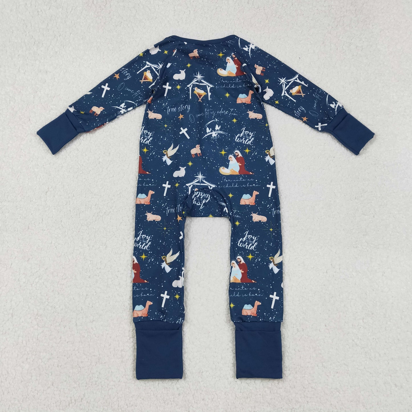 LR2504 Baby Boys Hot Blue Nativity Christmas Zipper Footie Rompers