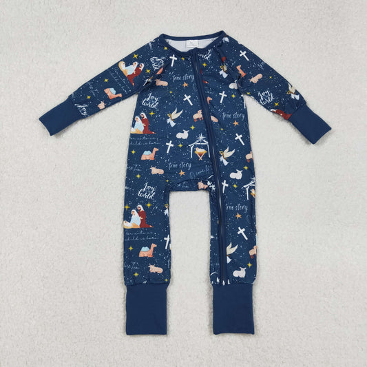LR2504 Baby Boys Hot Blue Nativity Christmas Zipper Footie Rompers