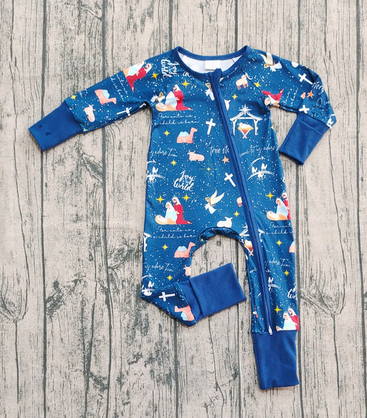 presale LR2504 Baby Boys Hot Blue Nativity Christmas Zipper Footie Rompers D 7.22