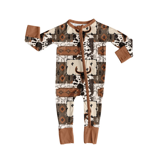 presale LR2505 Baby Boys Bull Skull Aztec Plaid Western Zipper Footie Rompers D 7.28