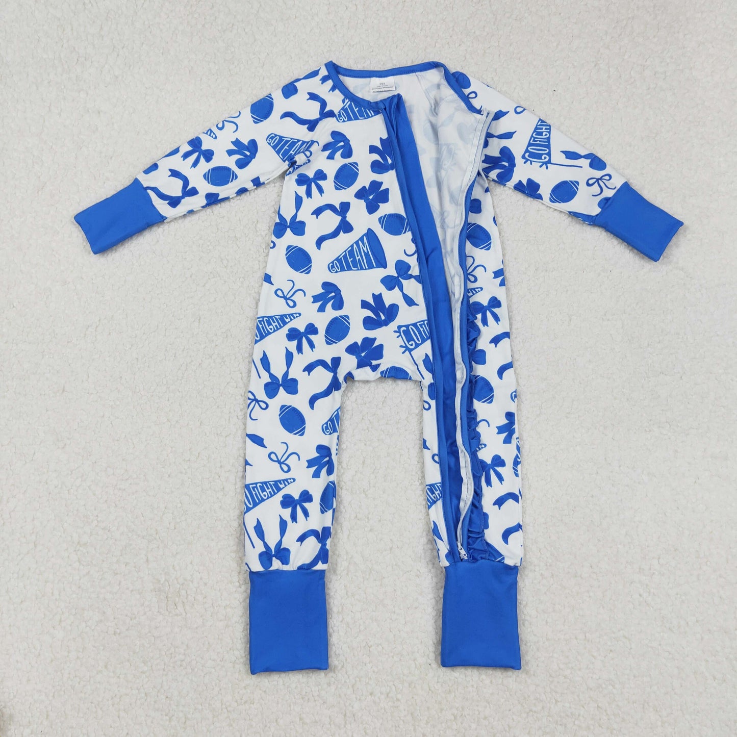 LR2511  Baby Girls Blue Bows Footballs Plaid Ruffle Zipper Team Rompers   D 908