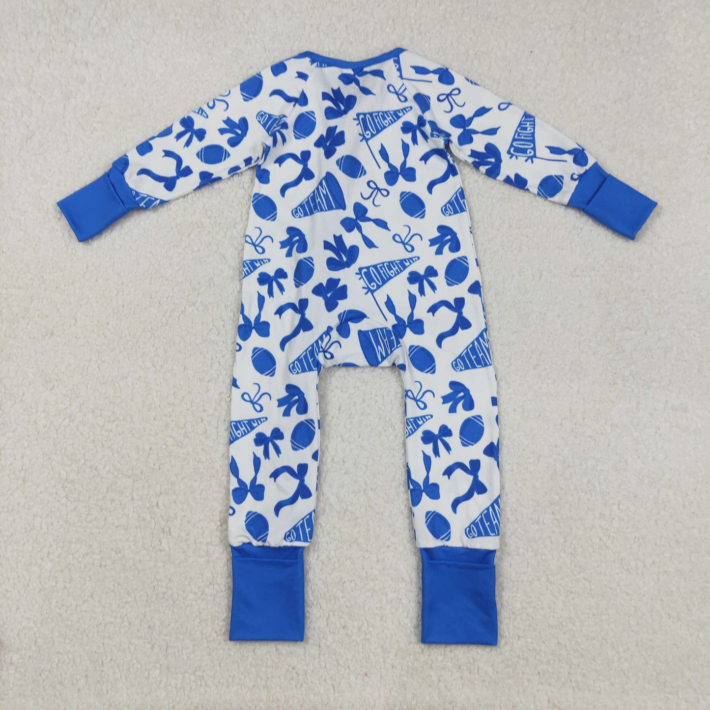 LR2511  Baby Girls Blue Bows Footballs Plaid Ruffle Zipper Team Rompers   D 908