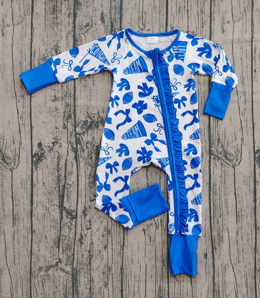 presale   LR2511  Baby Girls Blue Bows Footballs Plaid Ruffle Zipper Team Rompers   D 7.29