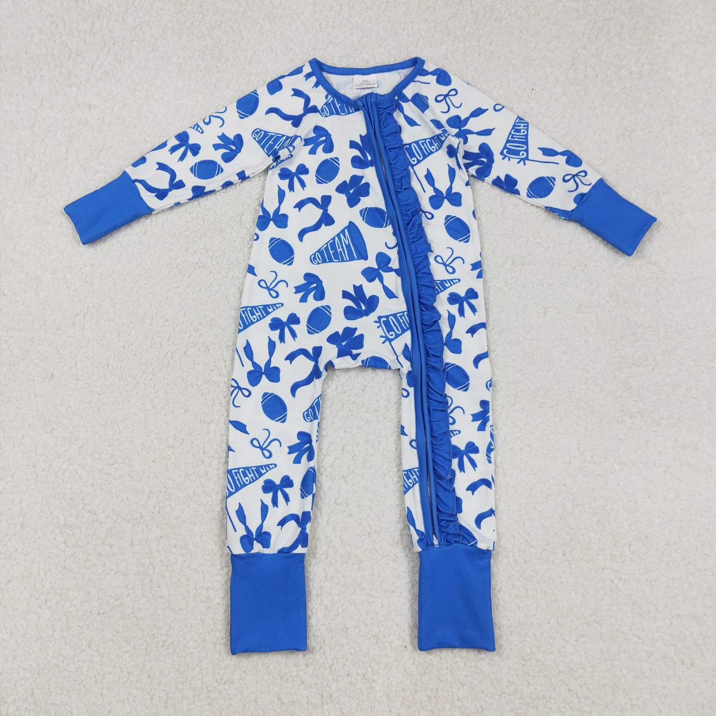 LR2511  Baby Girls Blue Bows Footballs Plaid Ruffle Zipper Team Rompers   D 908